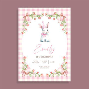 Cute watercolor white bunny with party hat on pink gingham background, floral rose vine bow frame girl 1st birthday invitation card template vector
