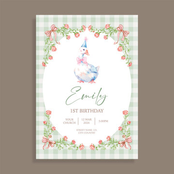 Cute watercolor white goose duck with party hat on green gingham background, floral rose vine bow frame girl 1st birthday invitation card template vector
