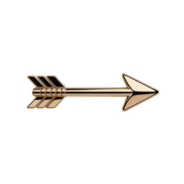 A shiny metallic golden arrow with a sharp pointed tip and decorative fletching on the rear end isolated on transparent background
