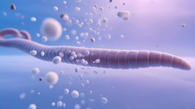 Microscopic Tapeworm Parasite Moving in Organic Fluid with Suspended Particles and Fluid Dynamics Illustration