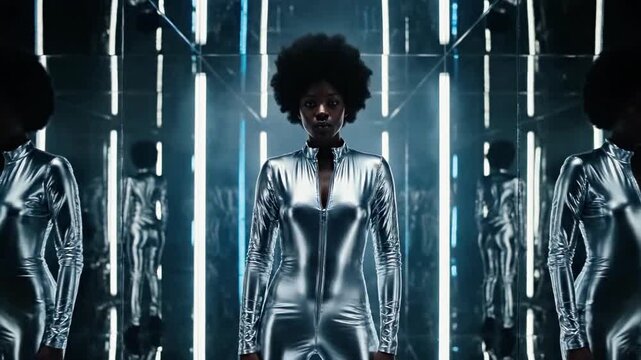 A woman with dark skin and curly hair wears a shiny silver jumpsuit standing in a futuristic mirrored room
