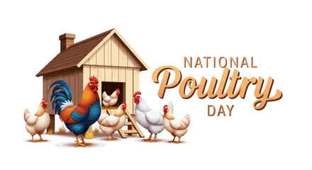 Illustration of a rooster and chickens in front of a coop on National Poultry Day with vector design elements and colorful flat lay composition. © Partini