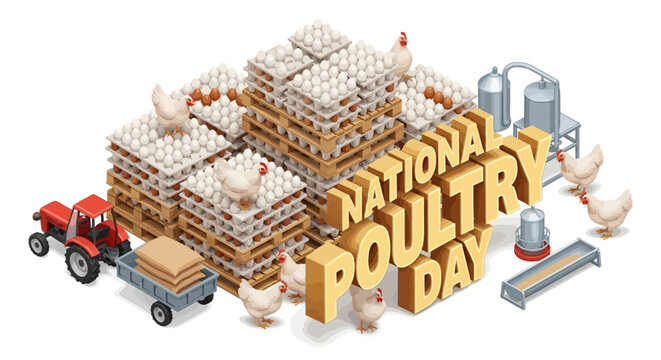 Isometric illustration of a poultry farm with chickens, tractor, and eggs, celebrating National Poultry Day with a design concept for vector illustrations.