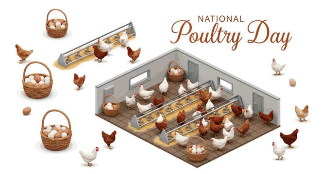 Isometric illustration of a poultry farm with chickens and eggs, celebrating National Poultry Day with a rustic and informative design.