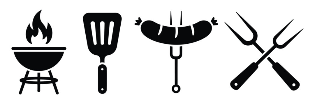 BBQ icon set barbeque icon collection, grill barbecue tools and food symbols including grill fire skewers steak and utensils, vector illustration for restaurant cooking and outdoor barbecue design.