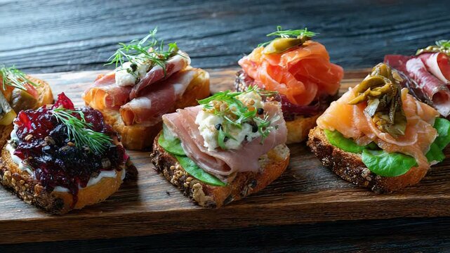 Assorted gourmet bruschetta on rustic wooden board with fresh ingredients