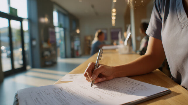 Medical worker filling patient form on clipboard in modern clinic interior with soft lighting and shallow depth of field