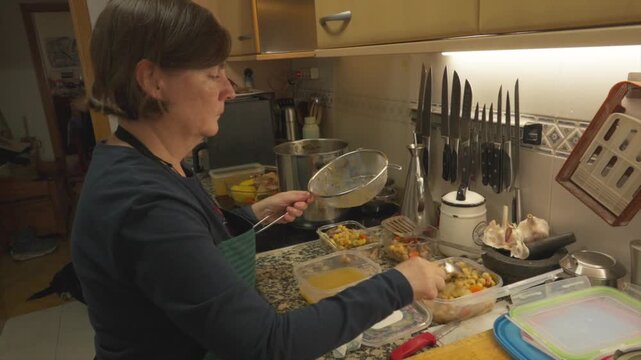Woman preparing and portioning homemade stew meal for the week
