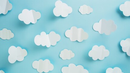 Fototapeta premium Kids background with paper clouds on a soft pastel sky. Cute nursery style scene for children's design, baby shower invitations and playful projects.