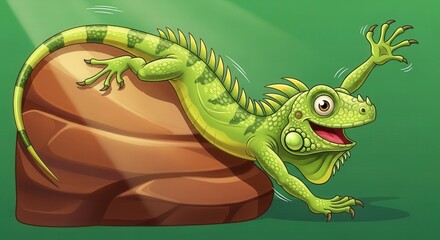 Obraz premium Playful Cartoon Dinosaur Emerging from a Rock in Dinosaur World Scene