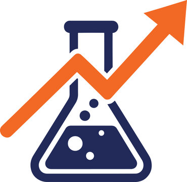Laboratory flask icon with upward growth arrow representing scientific research progress