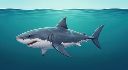 Obraz premium Realistic Digital Illustration of a Great White Shark Swimming in Ocean Water