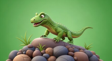 Fototapeta premium Playful Cartoon Dinosaur Sitting on Pebbles in a Bright Green Environment