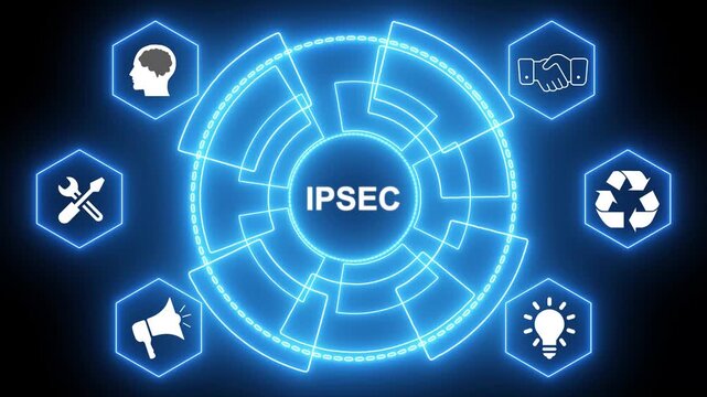 IPSEC acronym in center of glowing blue technological circle with surrounding icons IPSEC technology