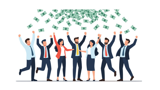 Successful business team in suits cheering and celebrating under a rain of falling money representing high corporate profits and wealth.