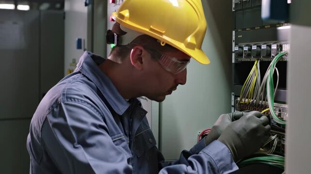 Electrician in protective gear carefully working on electrical wiring inside a control panel
