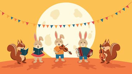 Fototapeta premium Enchanting scene of forest animals like rabbits and squirrels playing musical instruments and singing under a giant bright full moon.