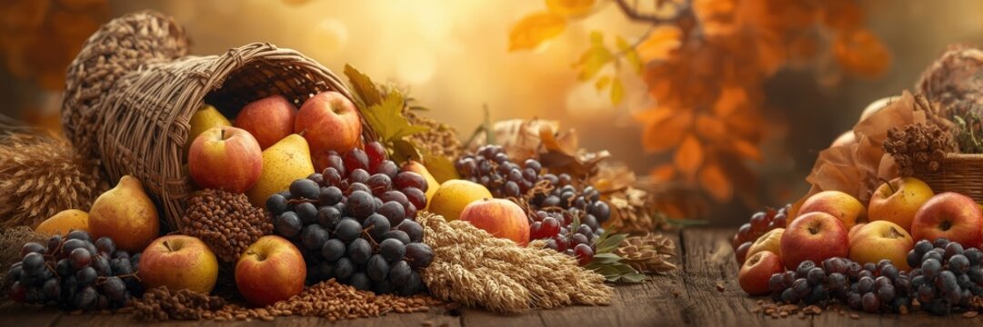 Overflowing Harvest Horn of Plenty, Fruits & Grains Abundant on Wooden Table, Autumnal Scene