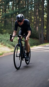 Cyclist riding road bike through forest on paved road, vertical footage