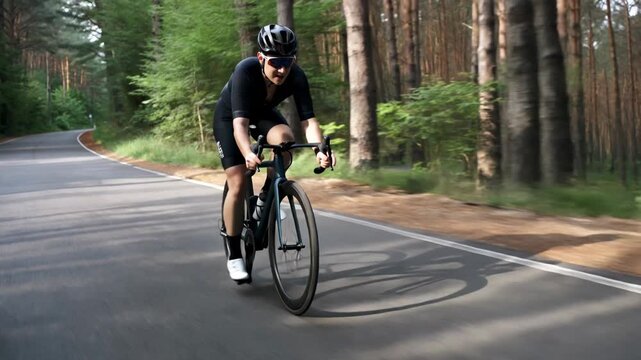 Female cyclist in professional gear riding a road bike through a scenic forest, showcasing focus and athleticism