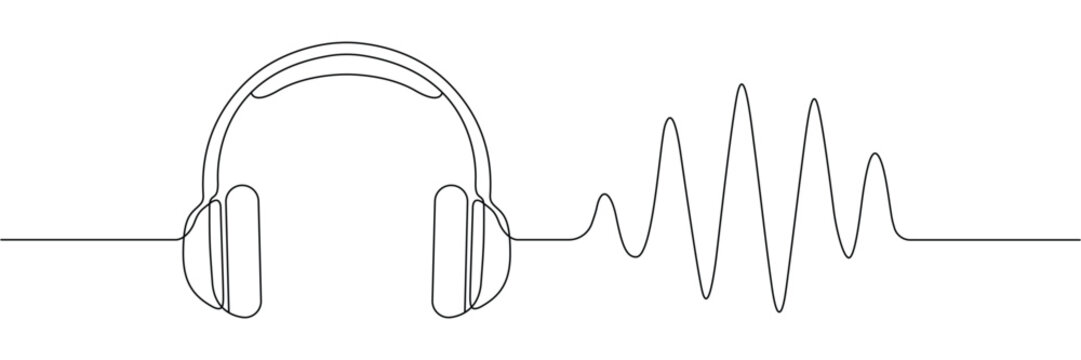 Continuous one line drawing of headphones with sound wave frequency for music and audio technology. Editable stroke outline. Single contour art. Doodle hand drawn vector illustration