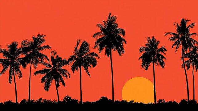 Seamless tropical sunset silhouette pattern with palm trees