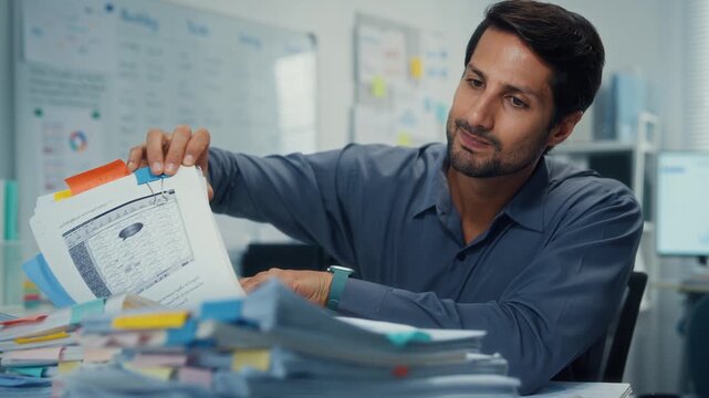 Overworked young Latin businessman reading document in large stack of paperwork files at office desk. Tax audit deadline, accounting stress, corporate burnout, bookkeeping, bureaucracy concept.