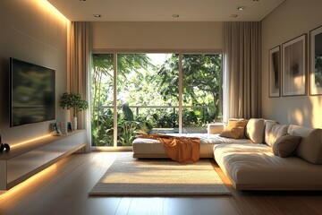 Fototapeta premium Home living room interior featuring a relaxing space, TV screen, window, and mock-up wall for design customization, Generative AI