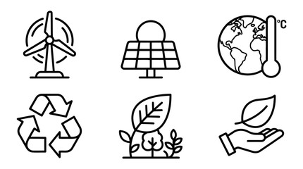 Green energy symbols outline icons with wind turbine solar panel earth recycle concept © trirama17