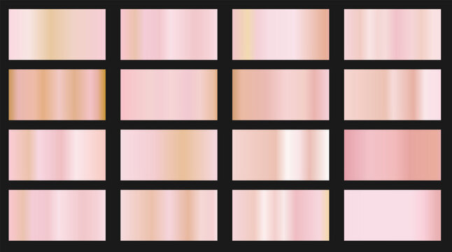 Golden pink gradients set. Metallic rose gold gradients. Elegant gold gradients collection . gold foil texture .golden colour swatches golden gradient,pattern,template.Set of colors for design,collect