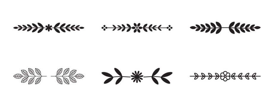 Decorative floral dividers and text break lines design element set for invitations
