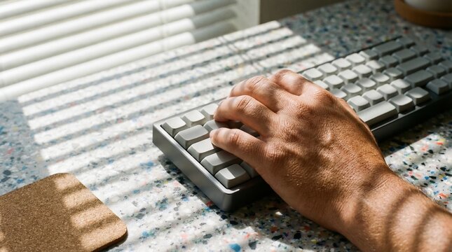 Close-up of a hand typing on a minimalist mechanical keyboard on a terrazzo desk with window blind shadows and natural light