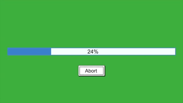 Horizontal progress bar animation counting from 1 to 100 percent with abort button on green screen