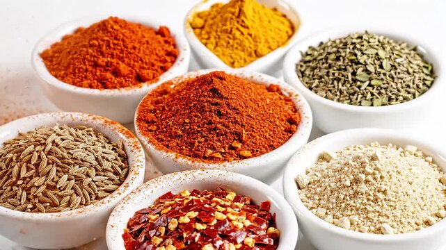Assortment of Spices in White Bowls, Close-Up, Food Ingredients