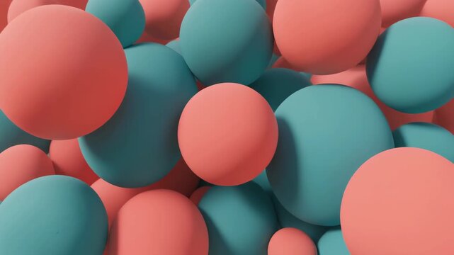 Abstract 3D Render of Bouncing Spheres in Teal and Coral Colors.