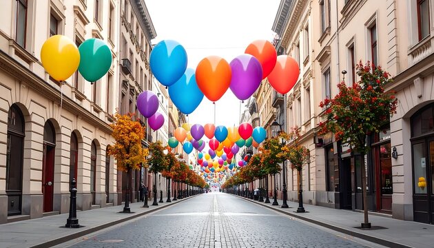 A cobblestone street is lined with classical buildings. Colorful balloons float overhead. Trees in fall colors decorate the path