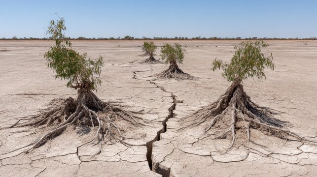 Drought ridden dry cracked earth with exposed tree roots