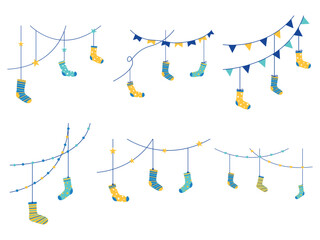 Naklejka premium Set of hanging socks decoration for world down syndrome day. Vector isolated