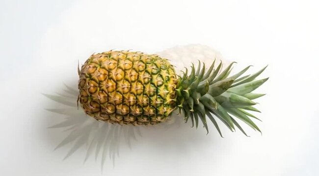 Showcasing a pineapple with texture and color under soft light and subtle shadow on a white backdrop, captured from a frontal viewpoint