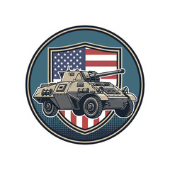Fototapeta premium Vintage military vehicle with american flag shield emblem patch design