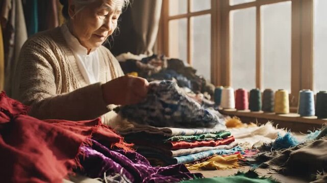 Elderly Asian seamstress sorting fabrics while working in a small bright room by the window