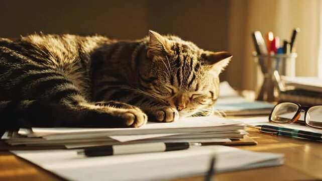 Gray tabby cat sleeping on documents on a desk in a bright room during the day