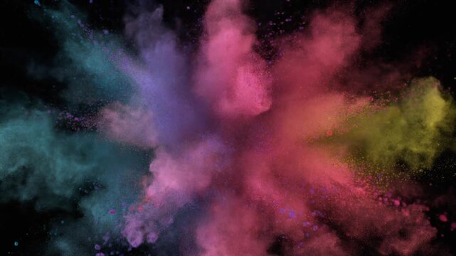 Explosion of colorful powder in freeze frame against a dark background, vibrant hues creating a dynamic visual effect