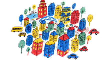 Whimsical Naive Art Cityscape with Colorful Houses, Cars, and Trees on Black Background