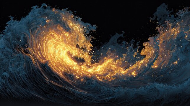 Swirling elemental storm of water currents and flames