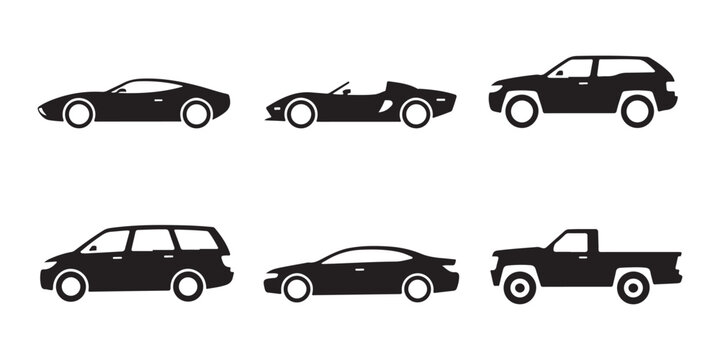 Vector car silhouettes showing profile views of coupe sedan and utility vehicles for website icons and apps