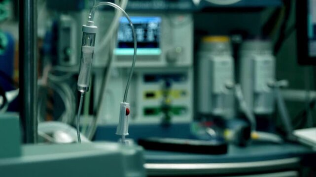 focus on intravenous drip on defocused pale bright background IV fluid drips through a tube as a heart monitor operates nearby Intravenous drip fluid