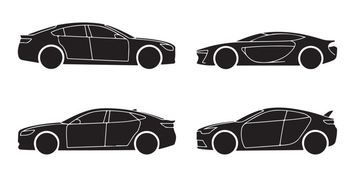 Modern luxury sedan and sport car silhouettes with detailed door outlines and aerodynamic profile concepts