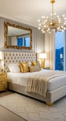 Fototapeta premium Luxurious Master Bedroom with Tufted Headboard and Modern Chandelier.