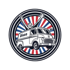 Vintage divco delivery van patch with colorful union jack background and raised arms © FahimStock
